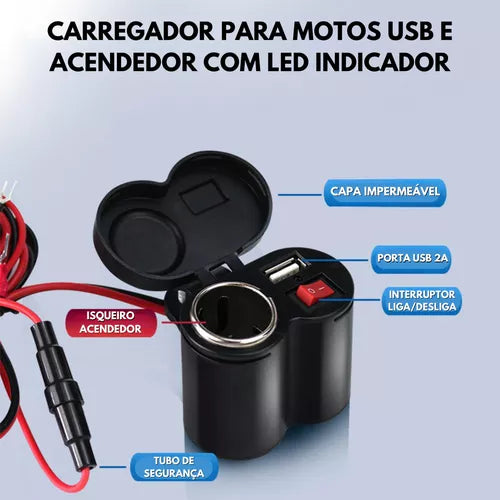 Caregador USB socket-max motorcycle +BRINDE CABO USB REFORCADO